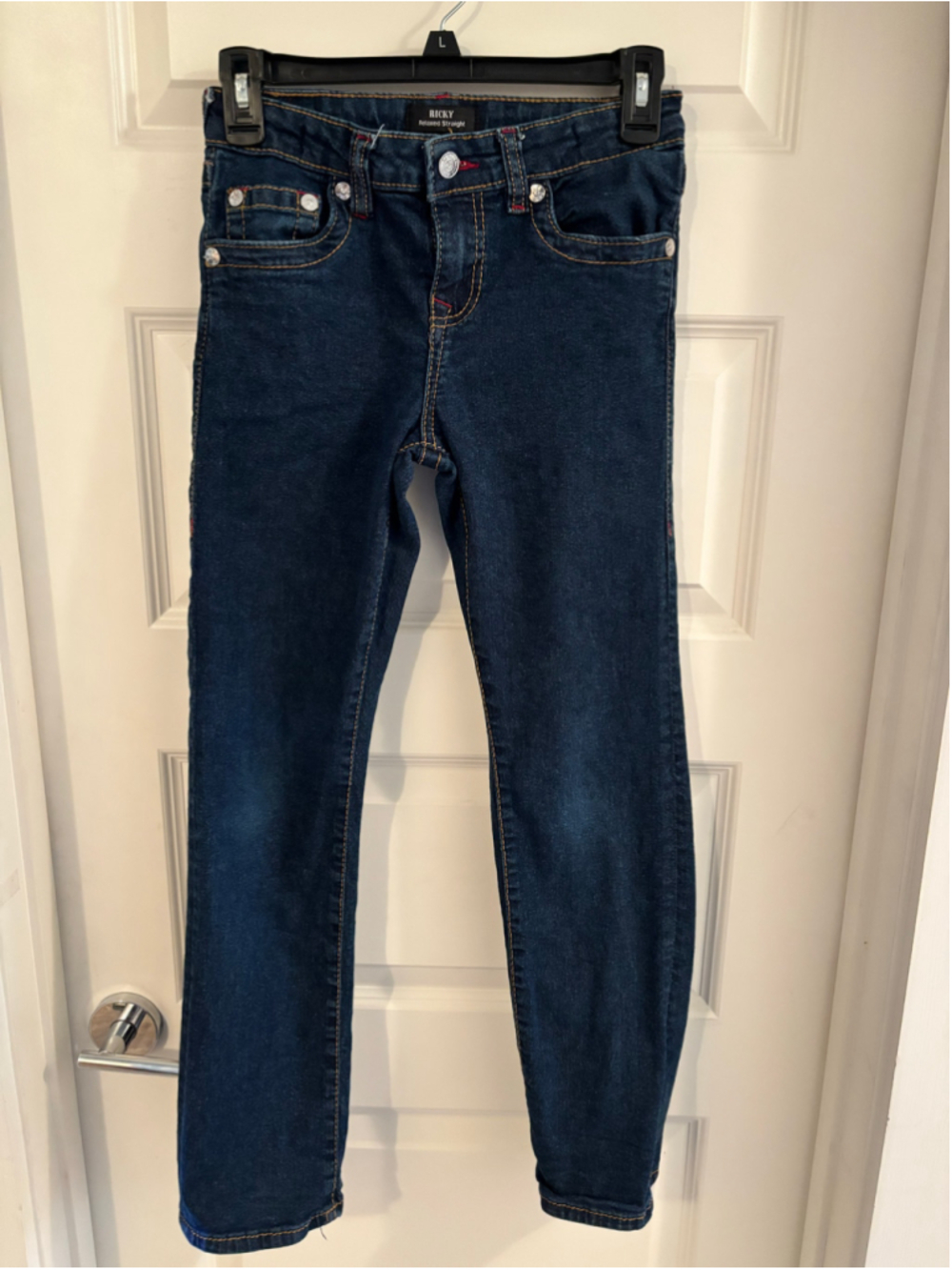 Men's True Religion Ricky Relaxed Straight Jeans, Size 14, Blue and Red
